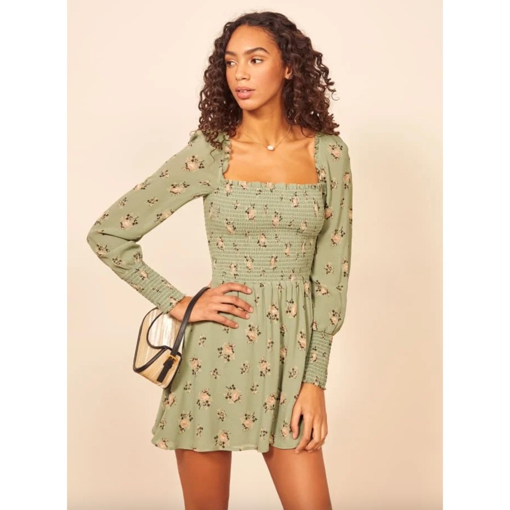 Reformation Sage Green Floral Smocked Mini Dress